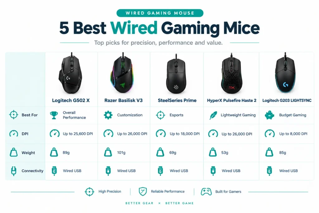 Comparison chart of five wired gaming mice in 2026 by spec and best use