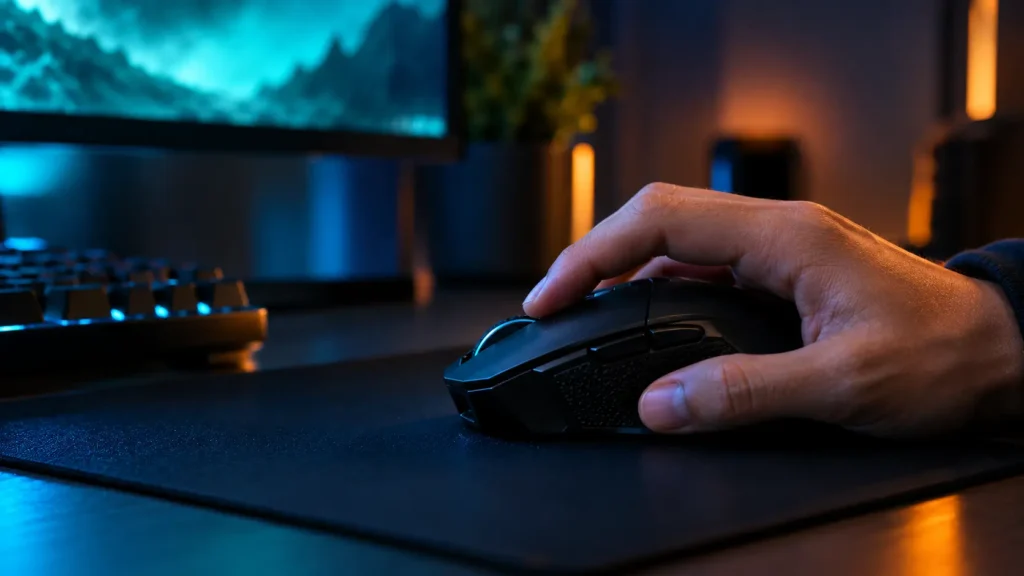 A hand resting on a gaming mouse with a finger on the left button, getting a feel for the click