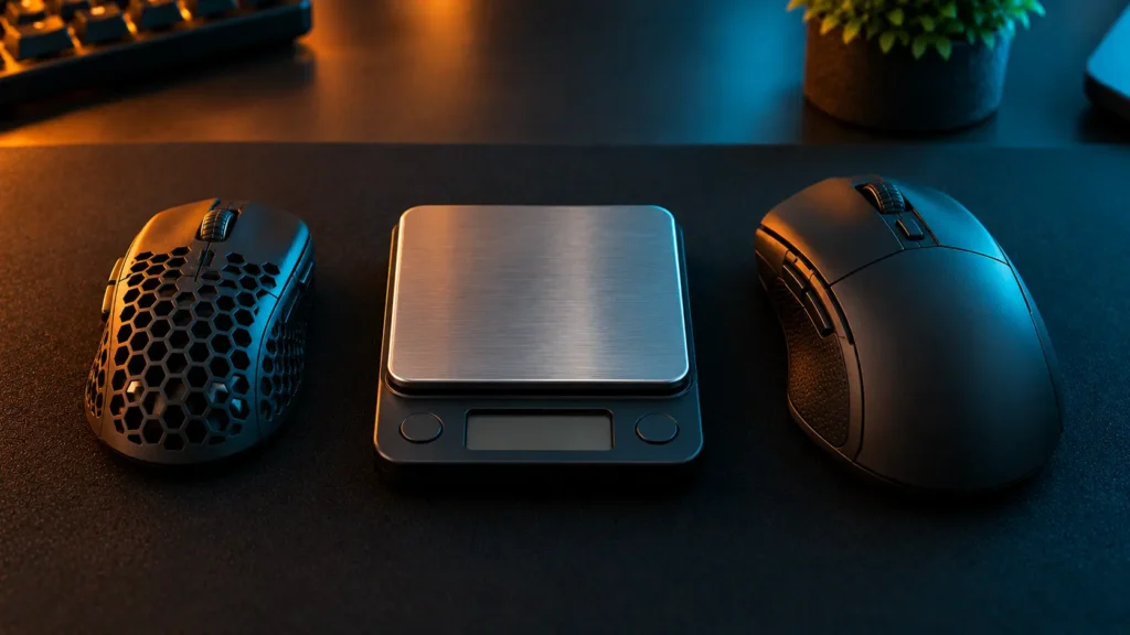 A ultralight gaming mouse and a heavy one side by side next to a small scale