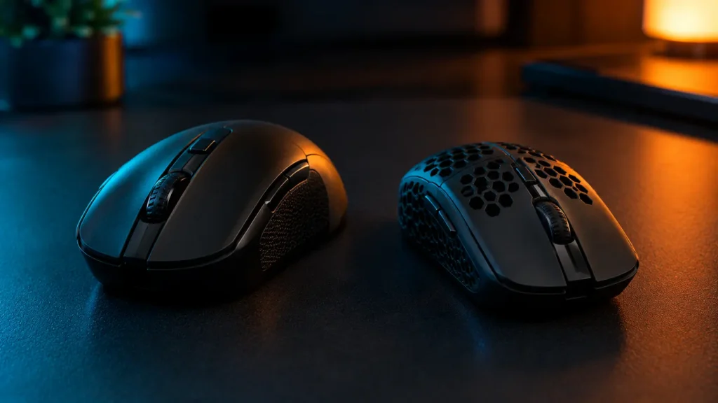 Chunky older wireless mouse next to a slim modern lightweight wireless mouse