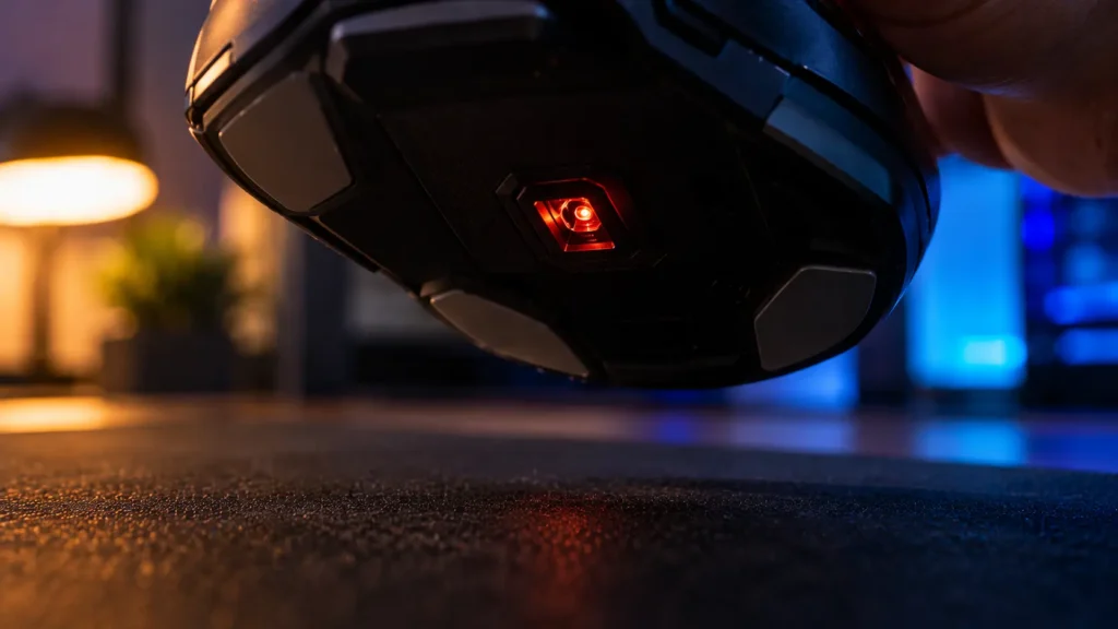 Close-up of a gaming mouse sensor window just above a mousepad