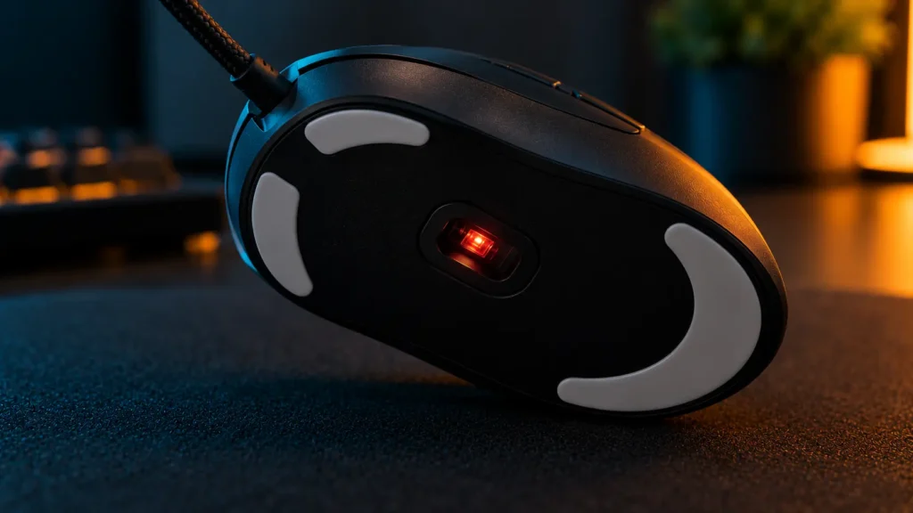 Close-up of the glowing sensor on the bottom of a gaming mouse