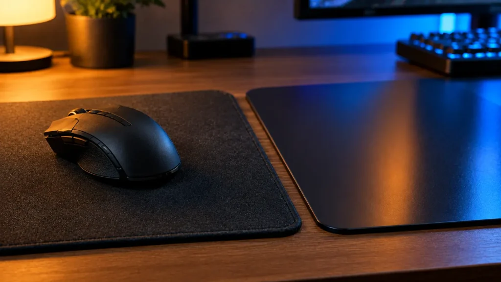 Cloth mousepad and hard plastic mousepad side by side on a wooden desk