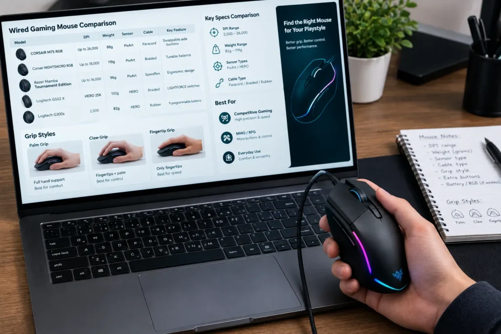 Comparing wired gaming mouse specs and category during selection