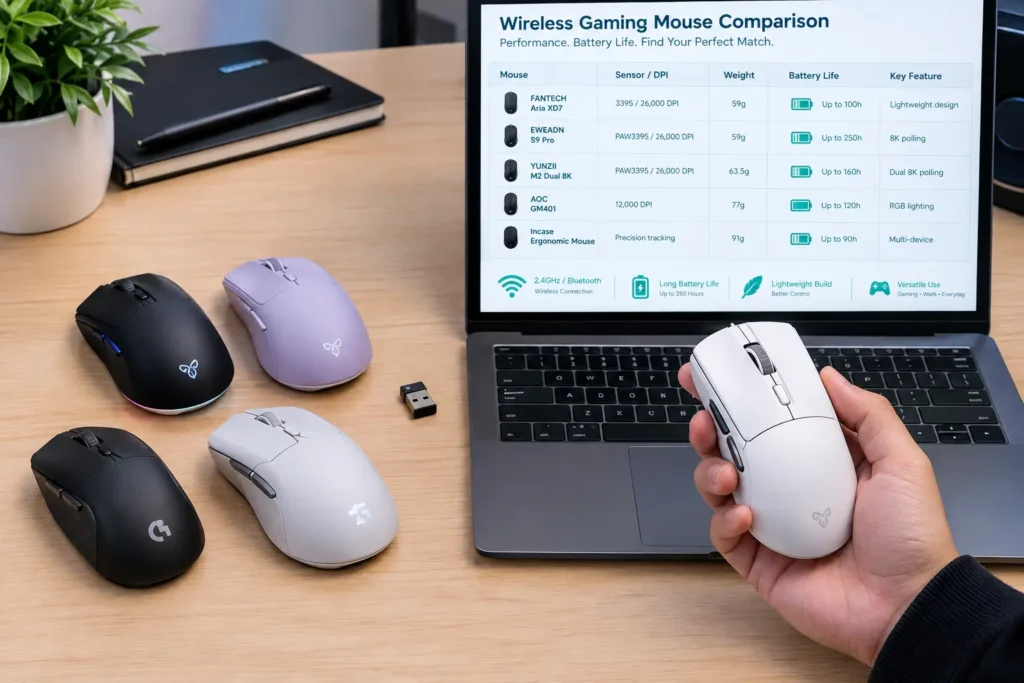 Comparing wireless gaming mouse specs and battery life during selection in $60