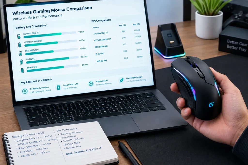 Comparing wireless gaming mouse specs during selection in $40