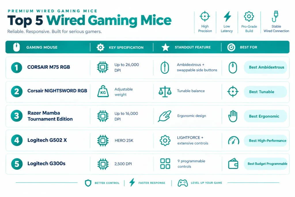 Comparison chart of five wired gaming mice under $150 by spec and best use