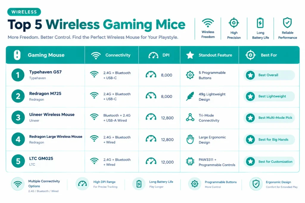 Comparison chart of five wireless gaming mice under $25 by spec and best use