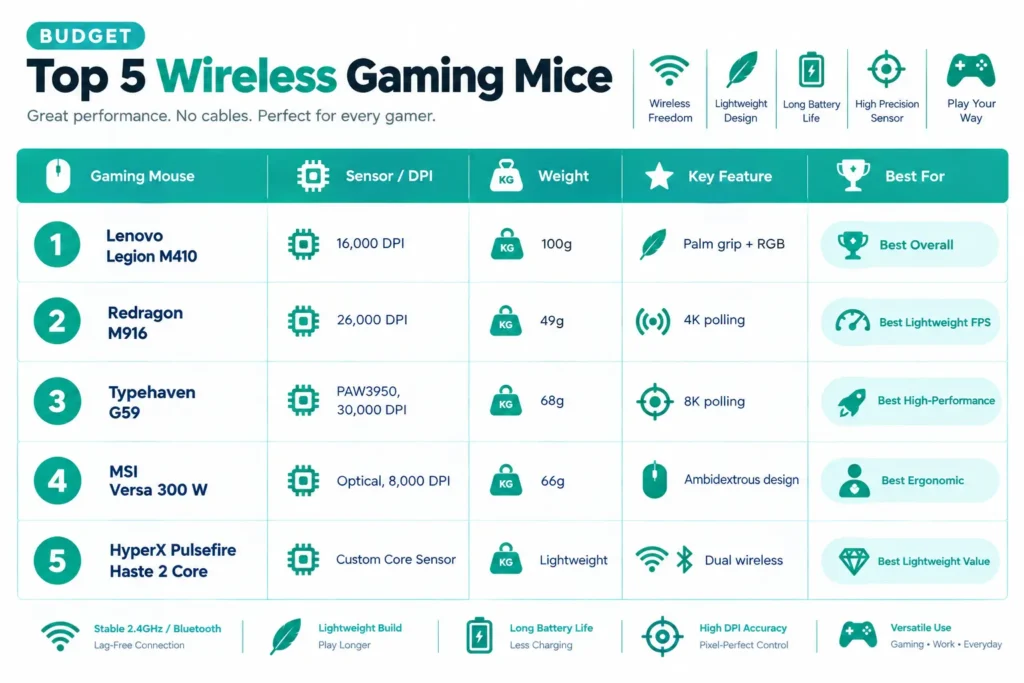 Comparison chart of five wireless gaming mice under $50 by spec and best use