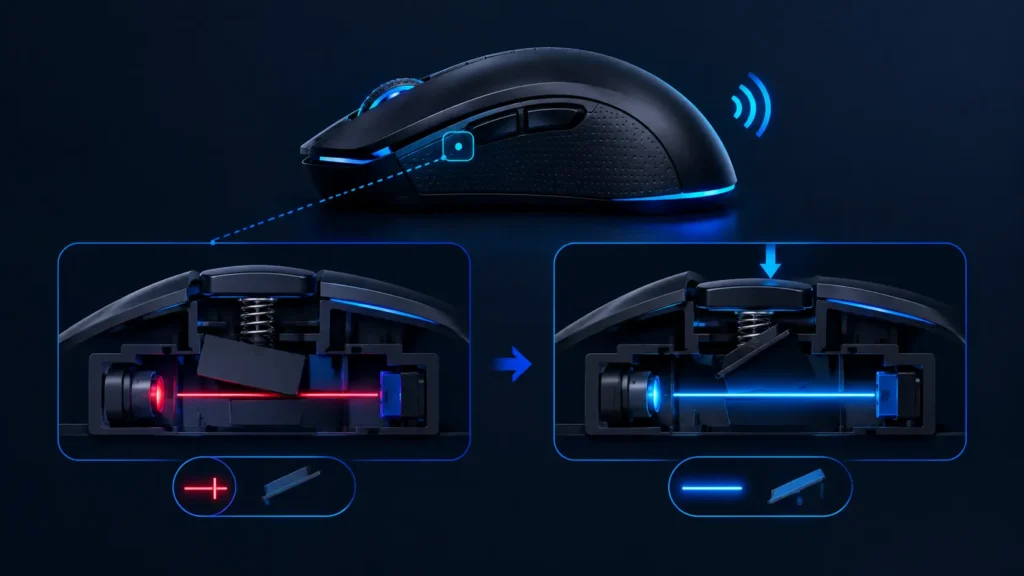 Diagram showing how an optical mouse switch registers a click when a shutter lets an infrared beam through