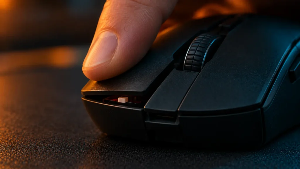 Fingertip pressing the left button of a gaming mouse to show the click switch