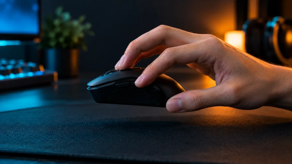 Fingertips touching a small lightweight gaming mouse in a fingertip grip