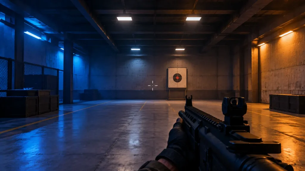 First-person view of an empty practice range with a crosshair slightly off the target