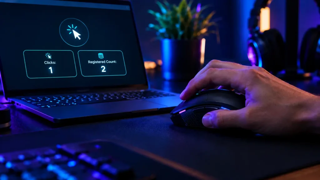 Gaming mouse next to a laptop running a click test where one click registers twice