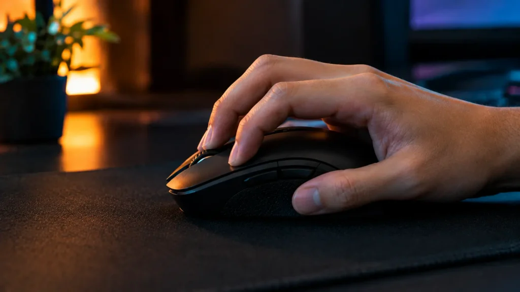 Hand on a gaming mouse with arched fingers in a claw grip