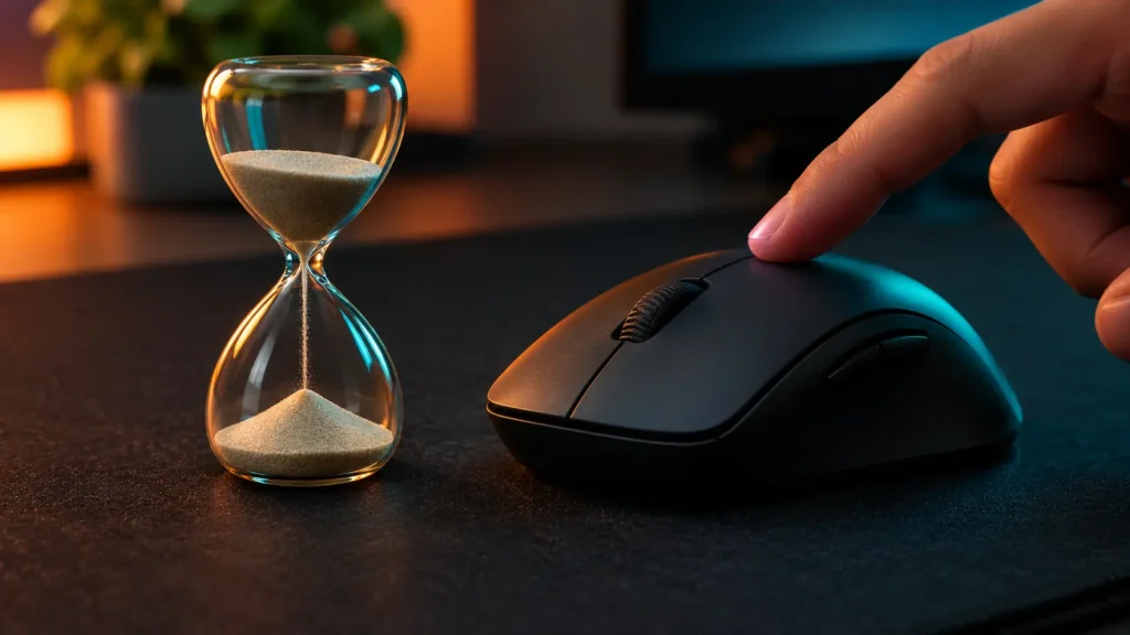 Hourglass next to a gaming mouse, standing for the short waiting window after each click