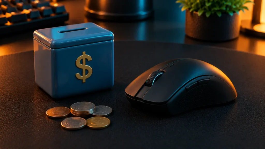 Money bank beside a gaming mouse to show setting a budget before buying