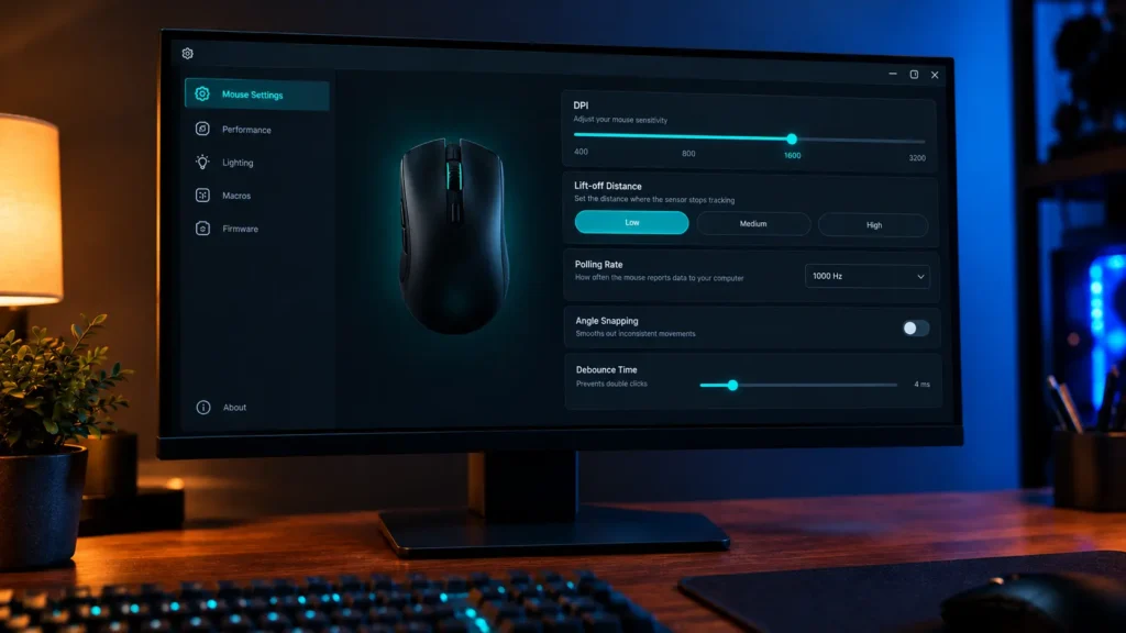 Monitor showing a mouse settings page with a lift-off slider set low, on a wooden desk