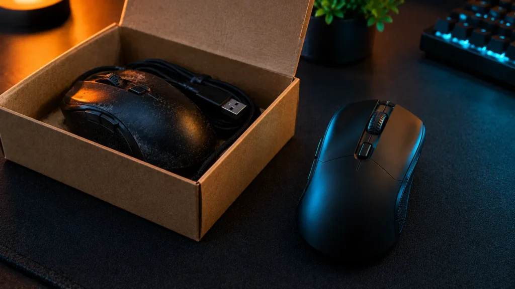 Old worn gaming mouse resting in a box next to a new mouse, standing for the time to replace it