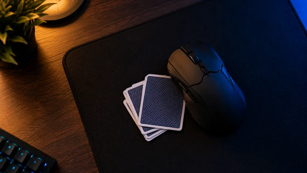 Playing cards slid under the edge of a gaming mouse on a dark mousepad