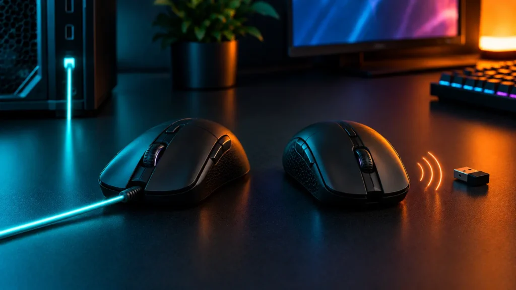 Straight cable beside a wireless signal to show how wired and wireless mice connect
