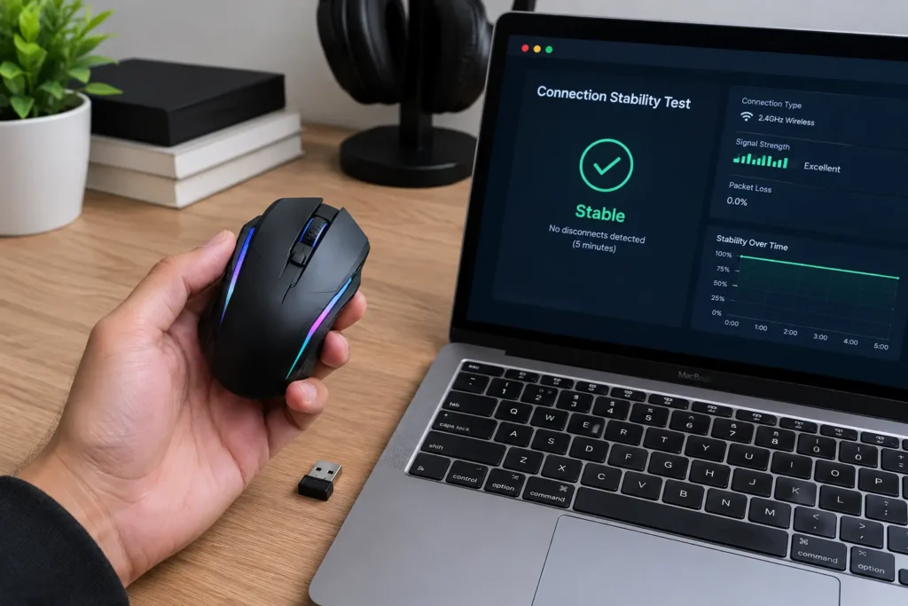 Testing wireless gaming mouse connection stability during selection