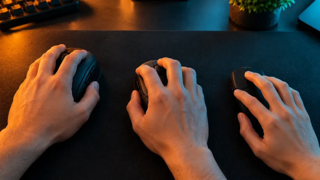 Three hands showing palm, claw and fingertip grip on three different sized gaming mice