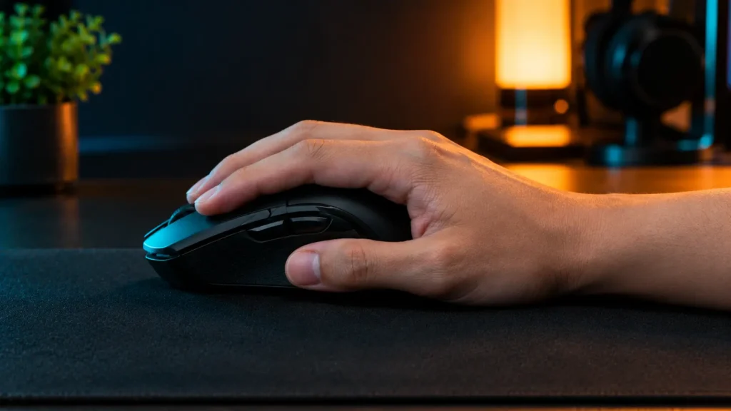 Whole palm resting flat on a large gaming mouse in a palm grip