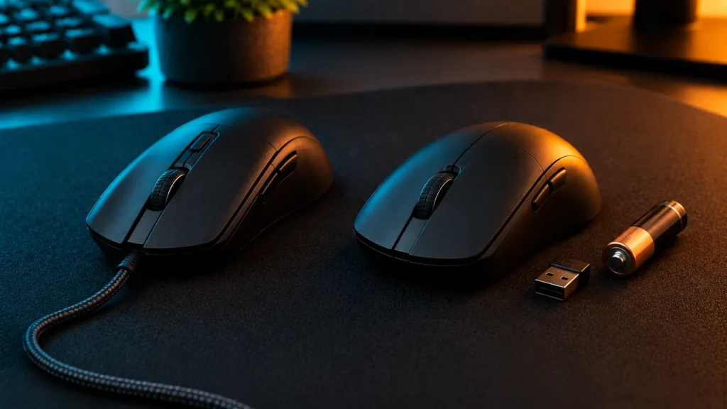 Wired gaming mouse with a cable next to a wireless mouse with a dongle and a battery