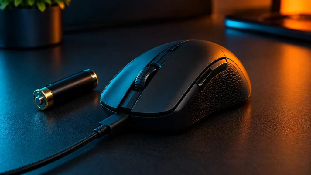 Wireless gaming mouse next to a single AA battery and a USB charging cable