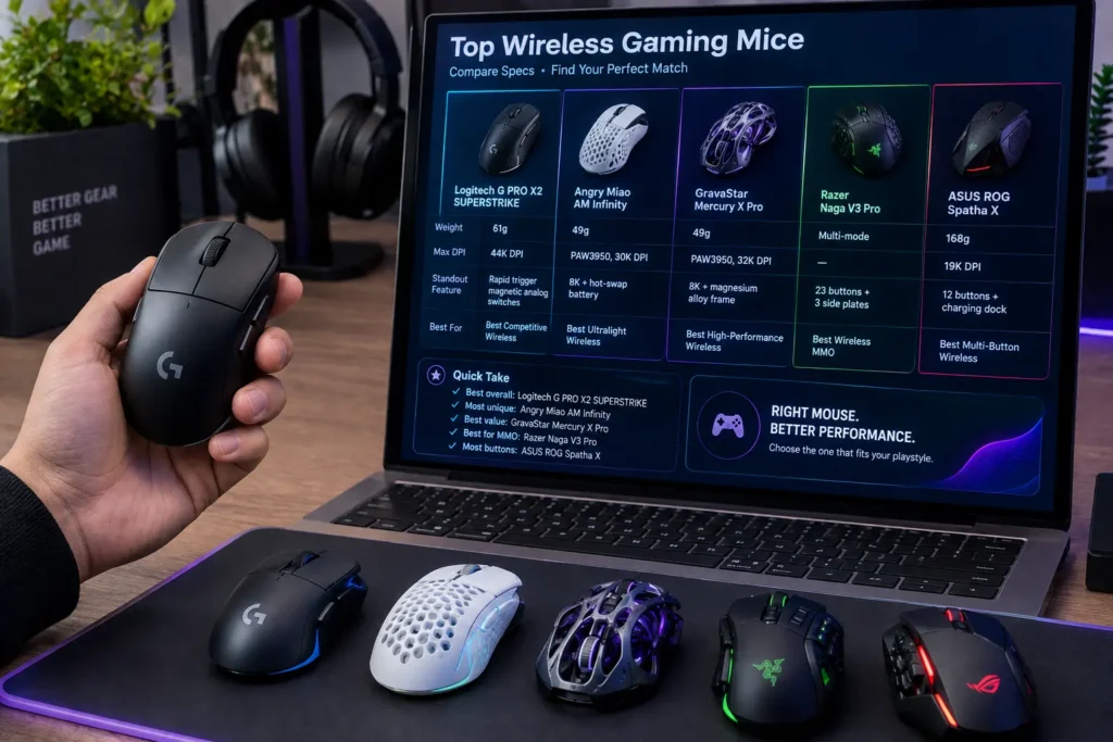 Comparing wireless gaming mouse specs in selection