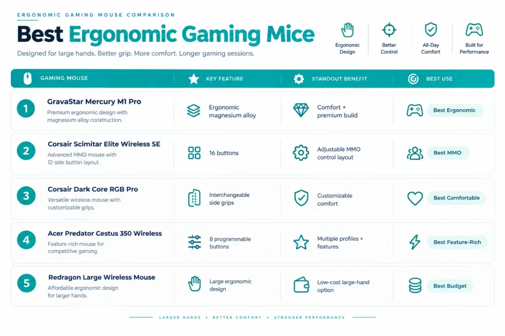 Comparison chart of five gaming mice for large hands by feature and best use