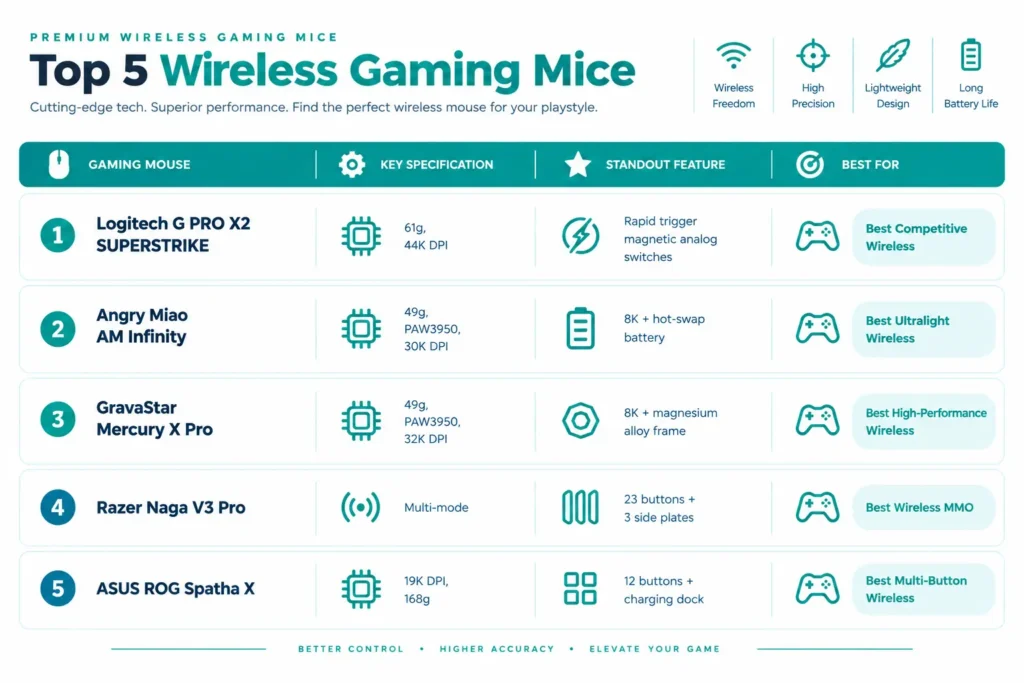 Comparison chart of five wireless gaming mice under $200 by spec and best use
