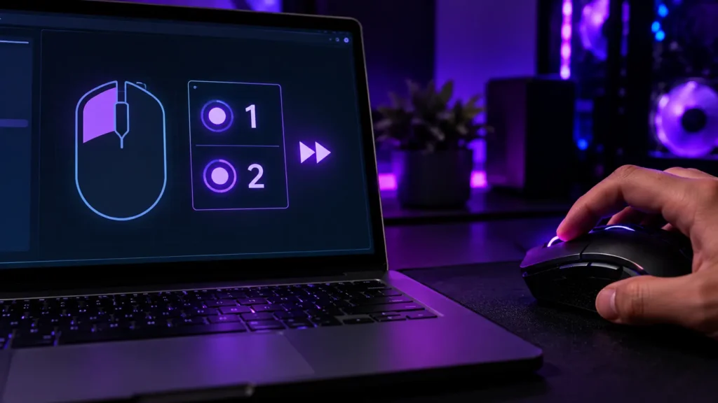 Laptop click tester showing one press registering as two clicks beside a gaming mouse