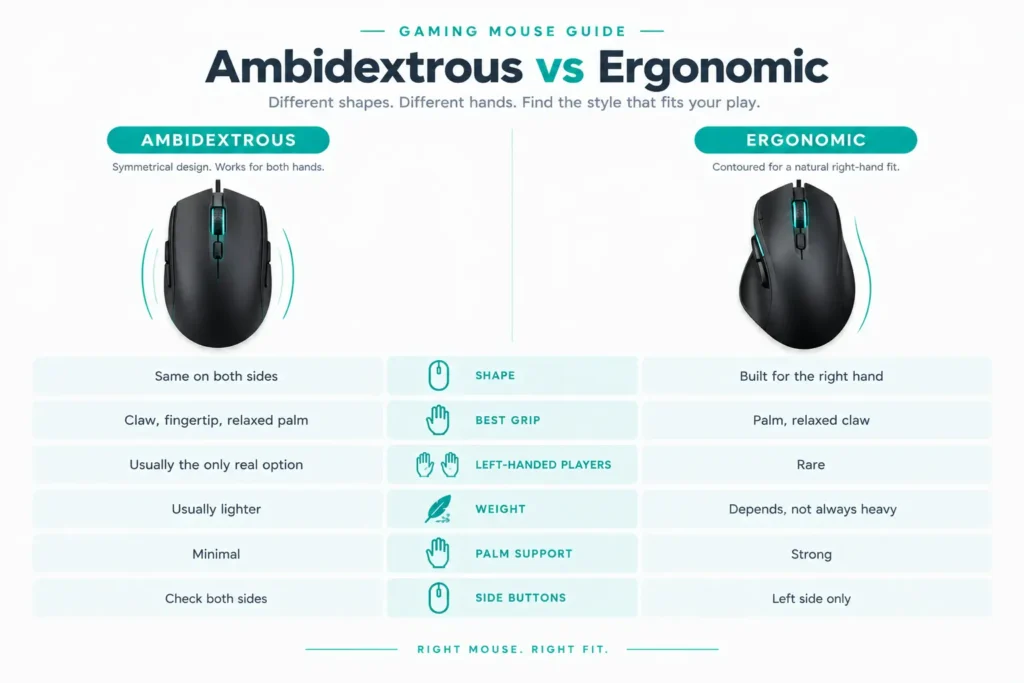 Comparison chart of ambidextrous vs ergonomic gaming mouse features