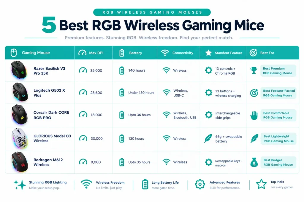 Comparison chart of five RGB gaming mice by DPI, battery, and connectivity