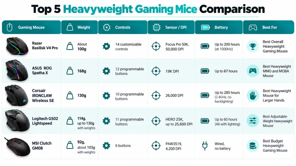 Comparison chart of five heavyweight gaming mice by weight and sensor