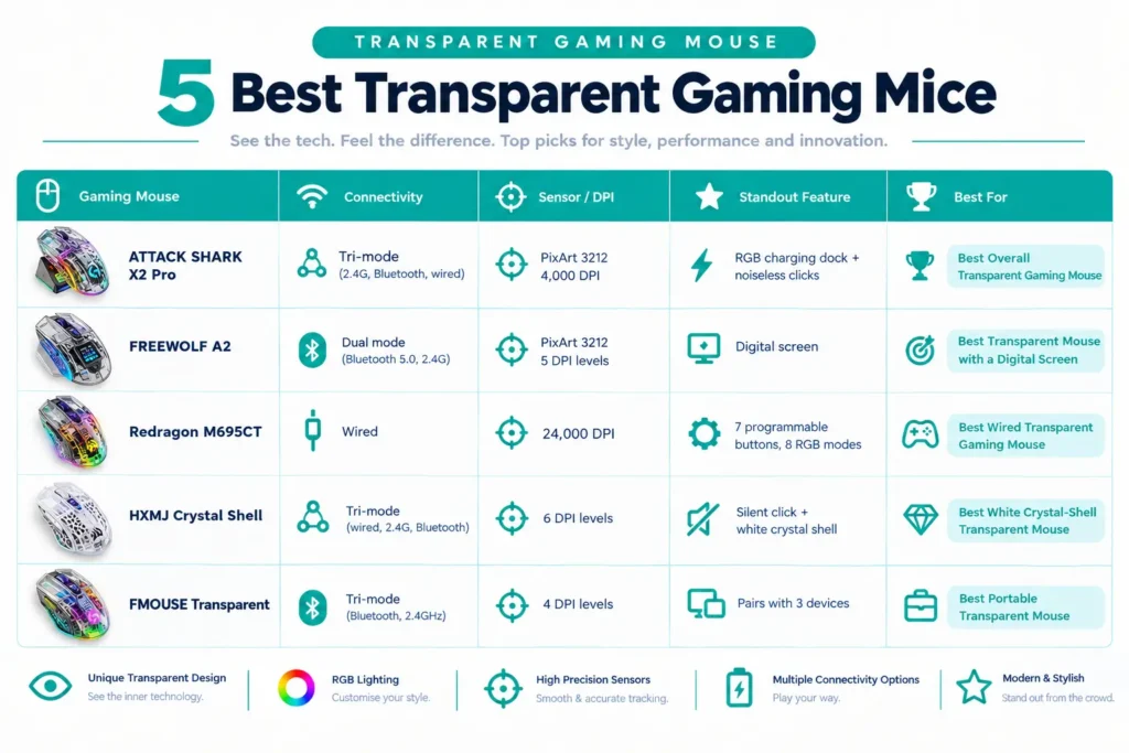 Comparison chart of five transparent gaming mice by spec and best use