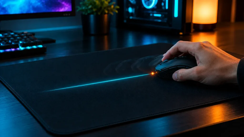 Hand swiping a mouse across a pad in a straight line to test tracking speed