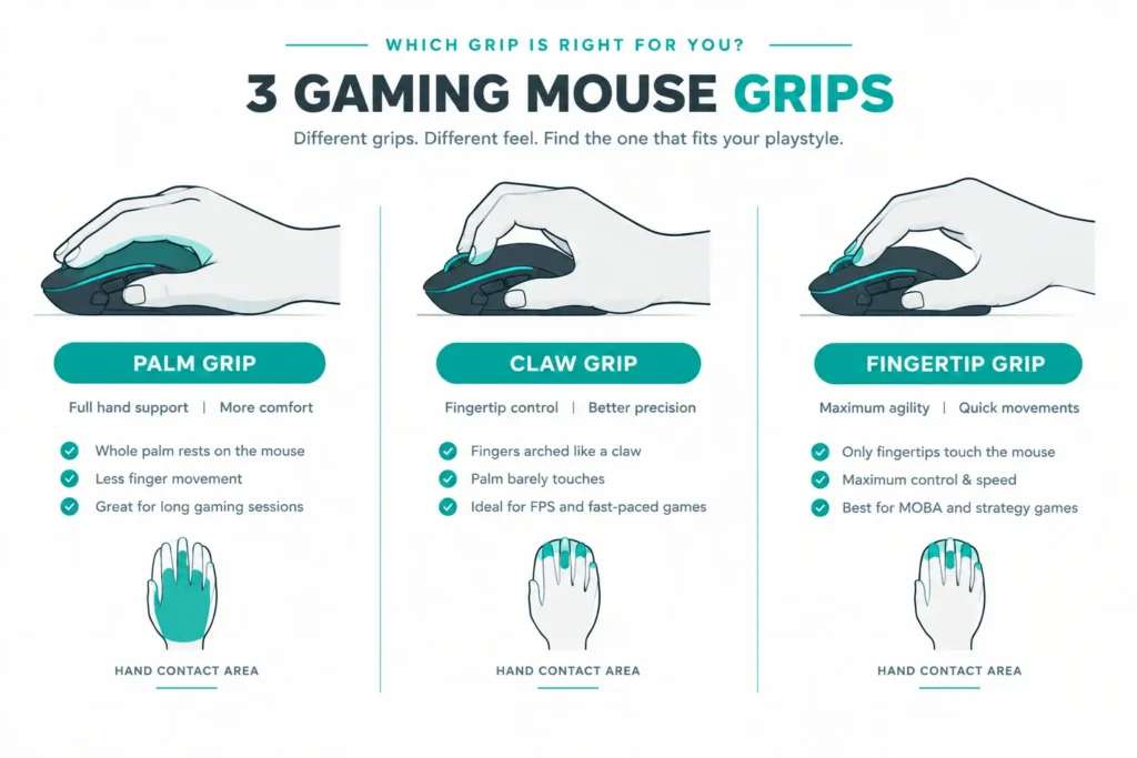 Palm, claw, and fingertip grip styles on a gaming mouse