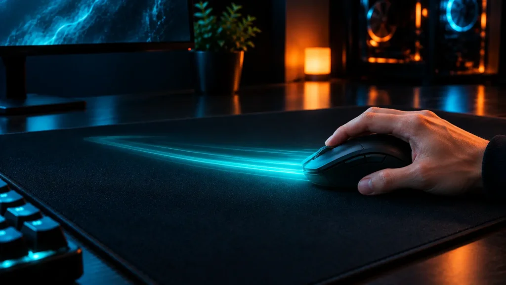 Smooth light trail breaking into glitching fragments to show a mouse sensor spin-out