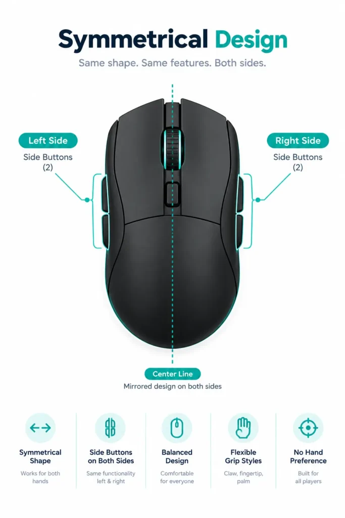 Symmetrical ambidextrous gaming mouse with side buttons on both sides